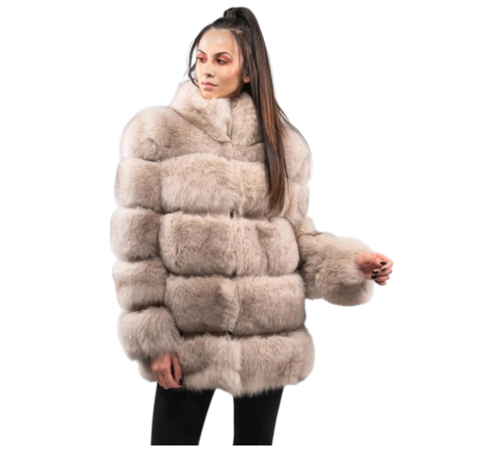 Woman wearing a fur coat on a white background