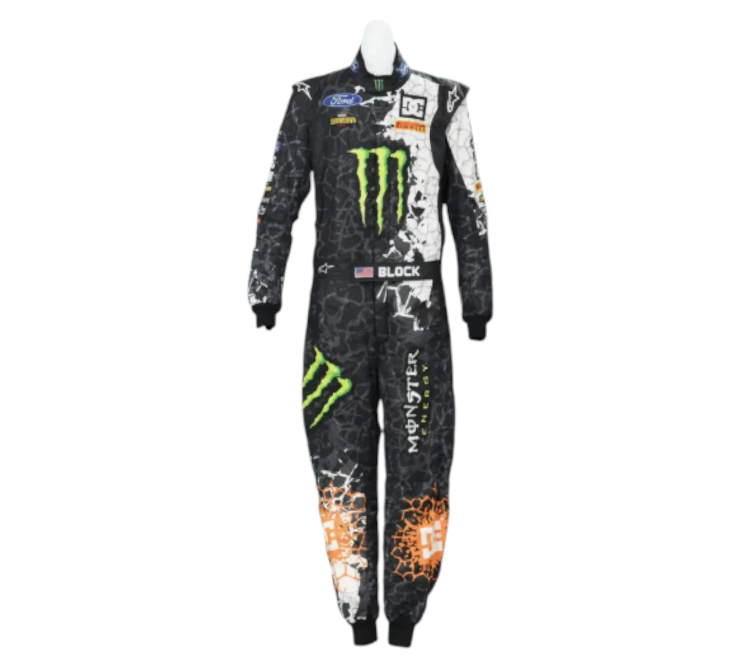 Racing suit with Monster Energy branding on a white background