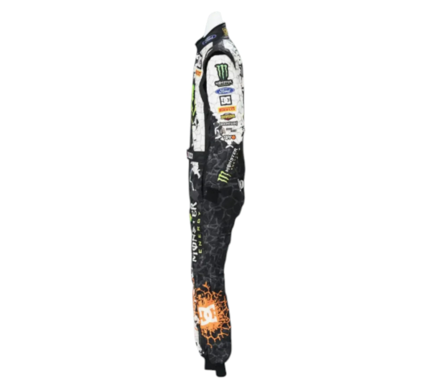 Black motocross suit with sponsor logos on a white background