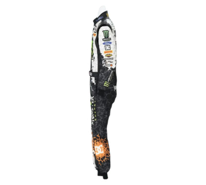 Black motocross suit with sponsor logos on a white background