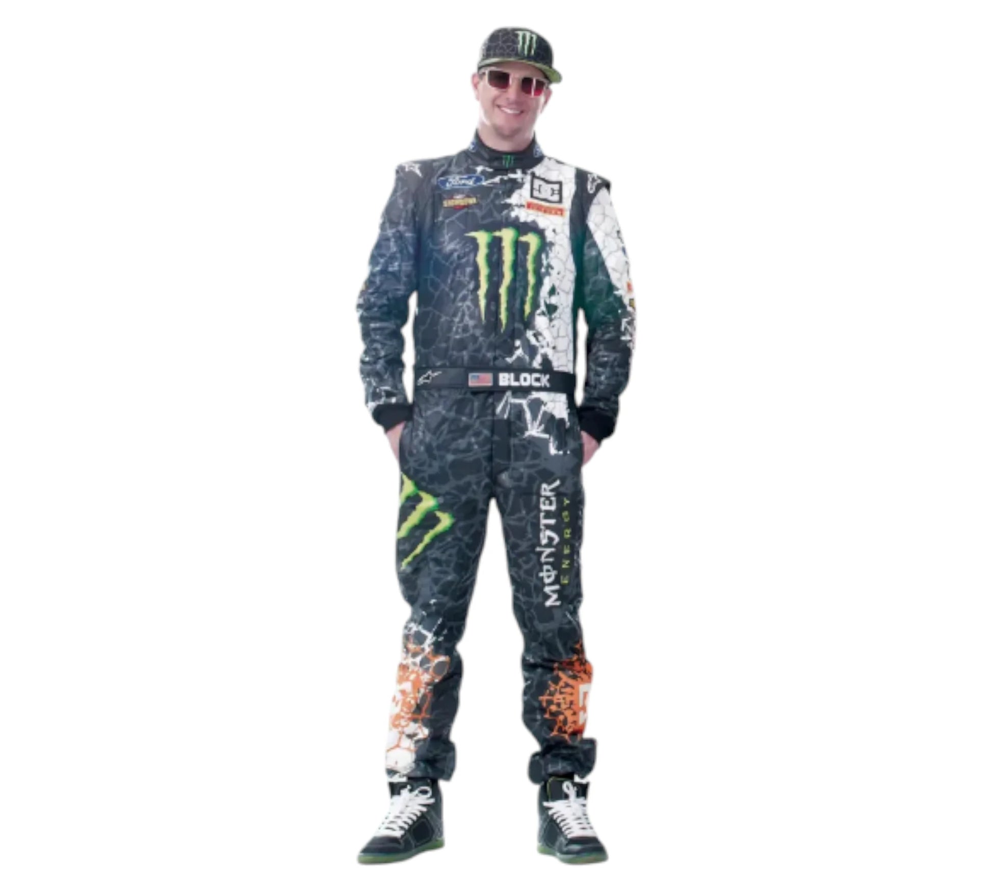 Person wearing a racing suit with Monster Energy branding on a white background