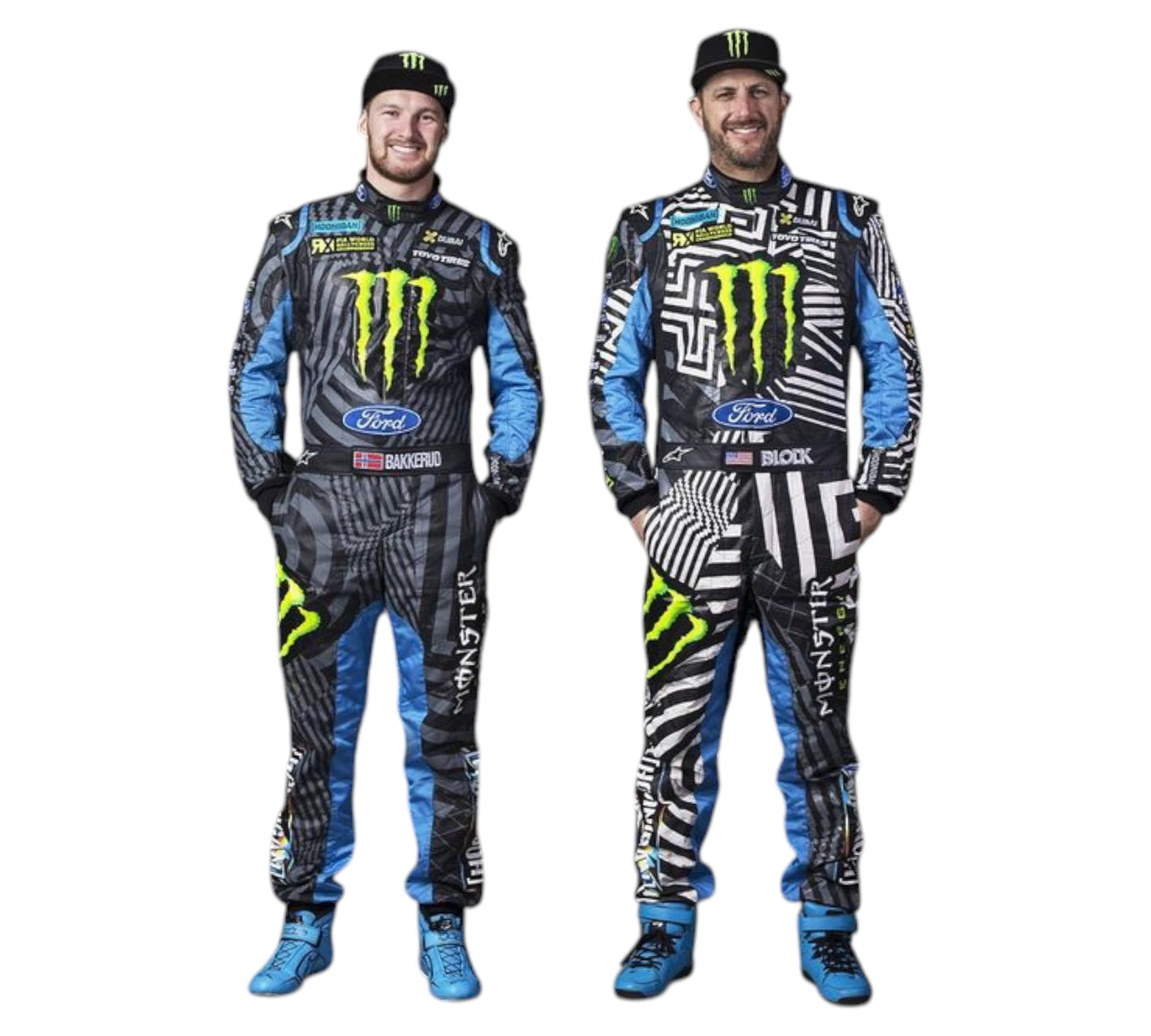 Two individuals wearing matching racing suits with Monster Energy and Ford logos on a white background.