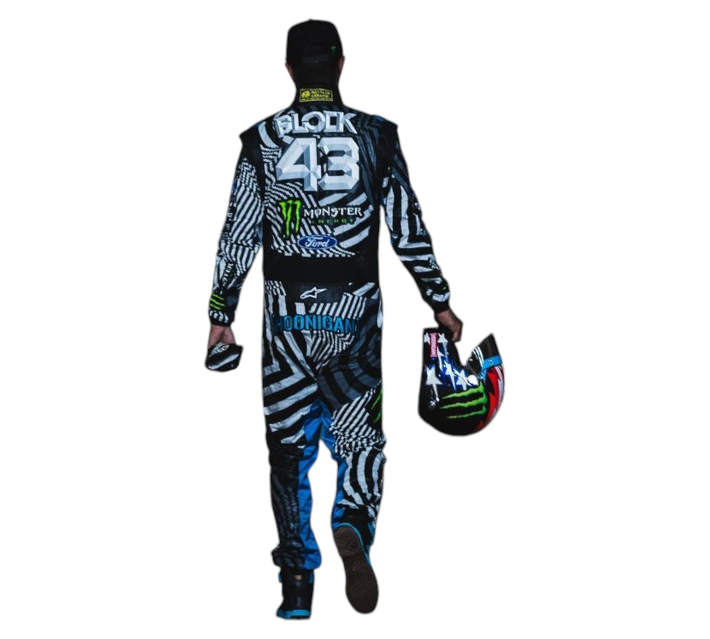 Person wearing a motocross outfit with 'Block' and 'Monster' branding, holding a helmet.