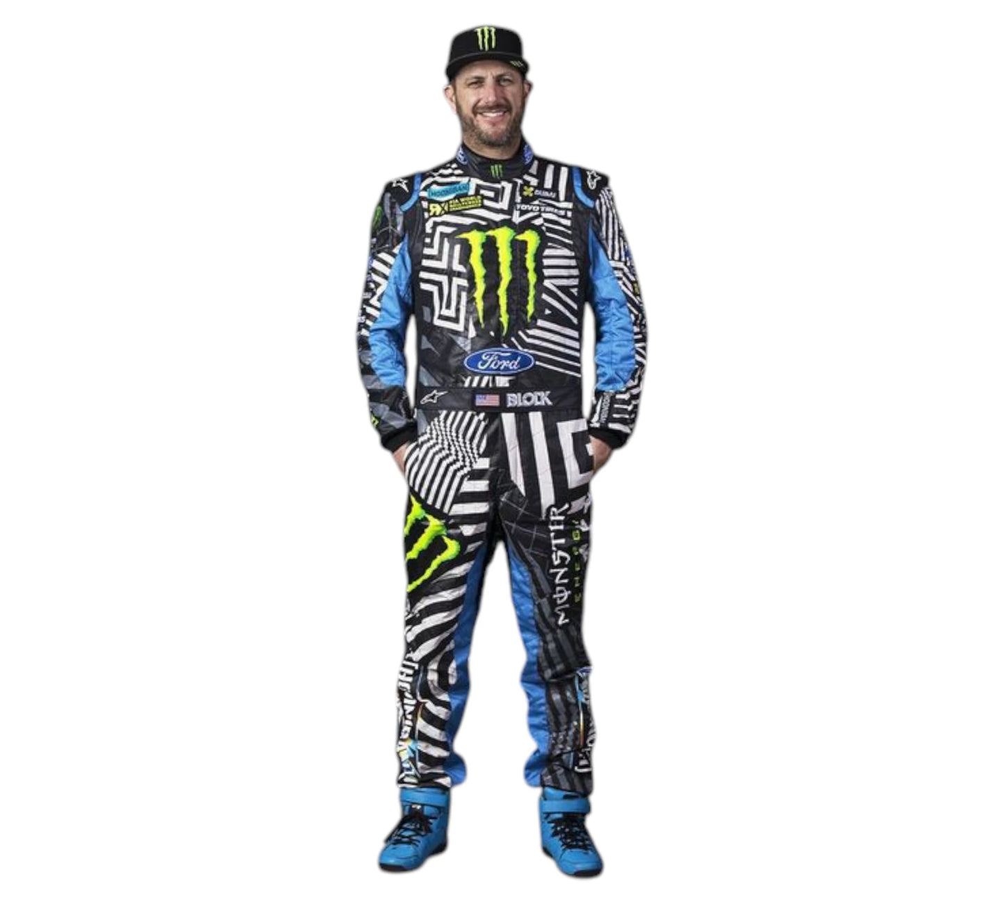 Person wearing a colorful motocross outfit with Monster Energy branding on a white background