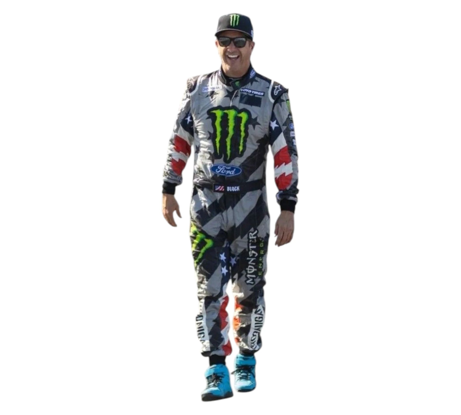 Person wearing a colorful racing suit with sponsor logos on a white background