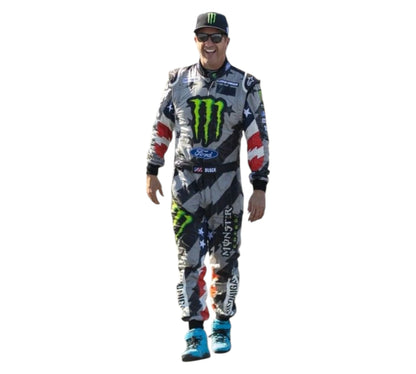 Person wearing a colorful racing suit with sponsor logos on a white background