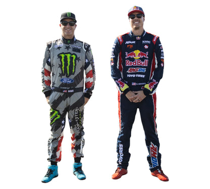 Two individuals wearing motocross gear with prominent brand logos on a white background