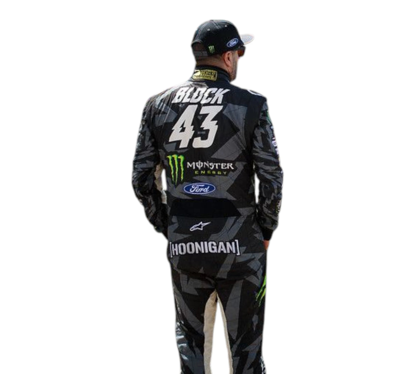 Person wearing a racing suit with various sponsor logos on a white background