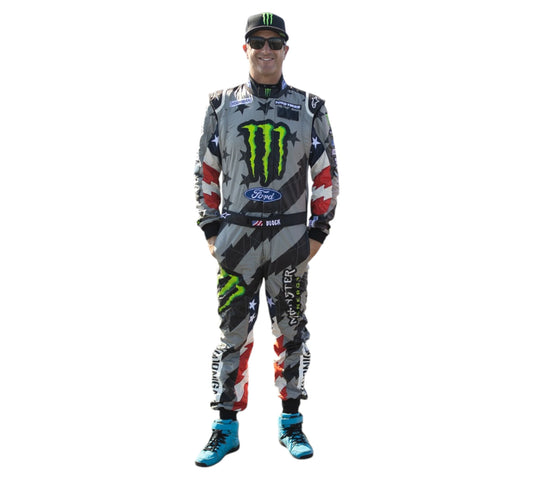 Person wearing a colorful motocross outfit with brand logos on a white background