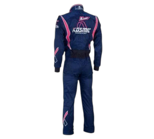 Navy blue racing suit with pink accents on a white background