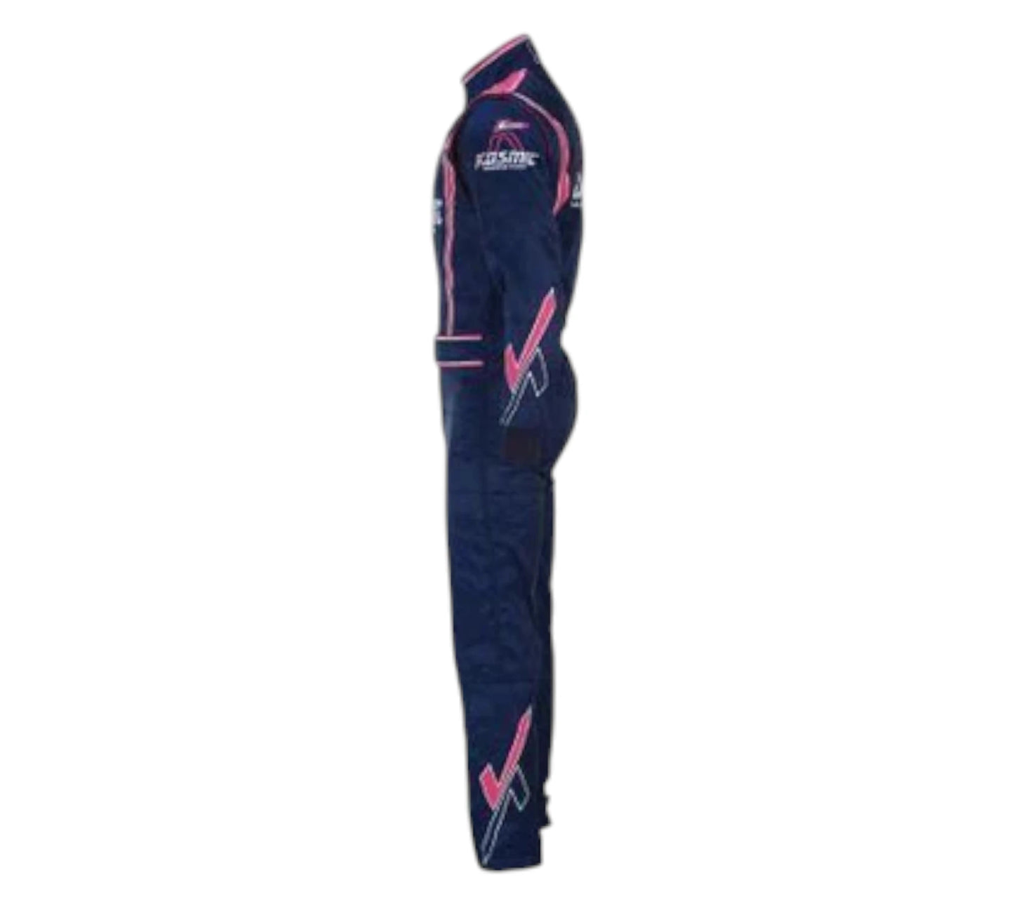 Navy and pink racing suit on a white background