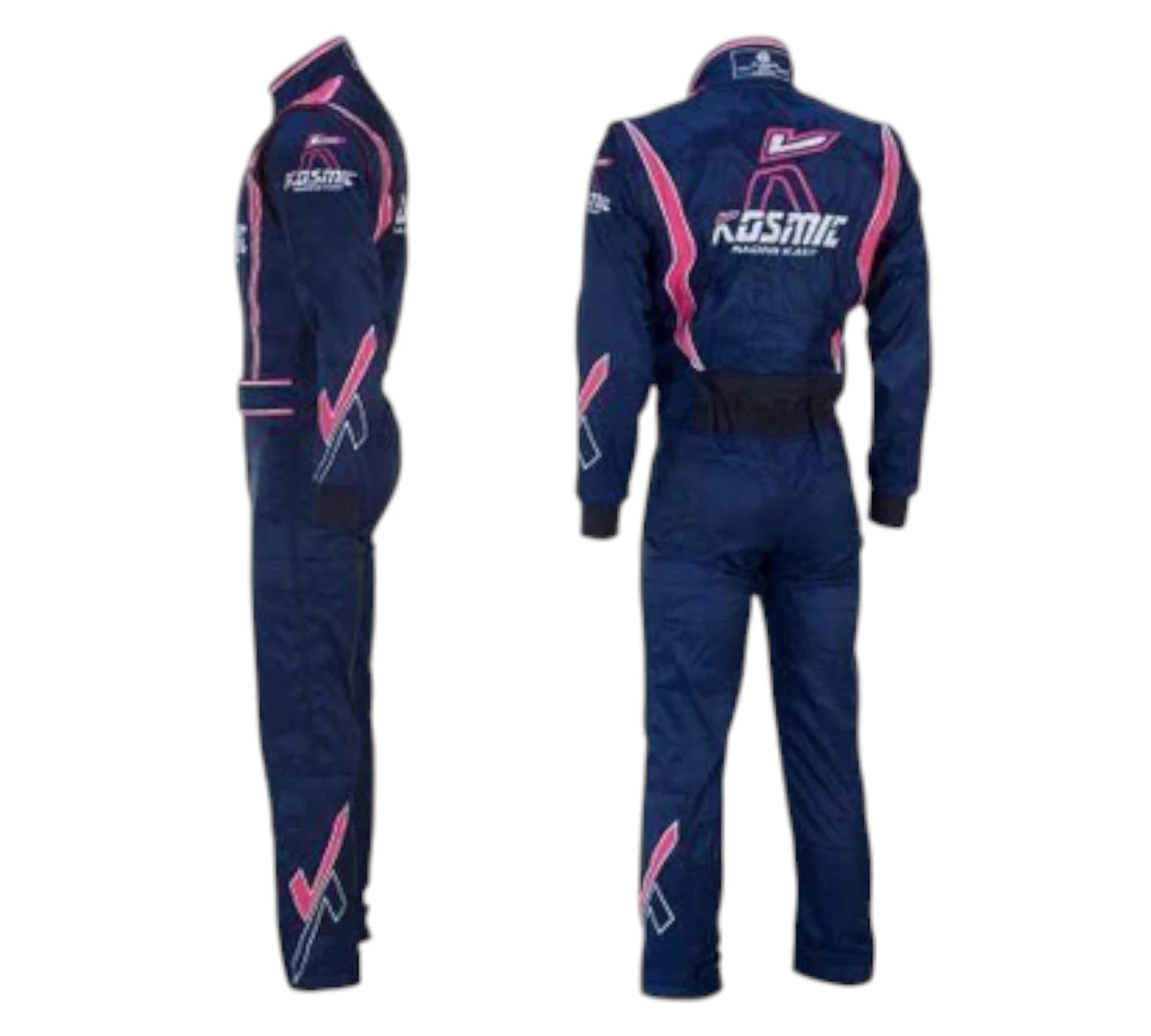 Navy and pink racing suit with 'kosmic' branding on a white background
