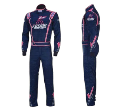 Navy and pink racing suit with Kosmic branding on a white background