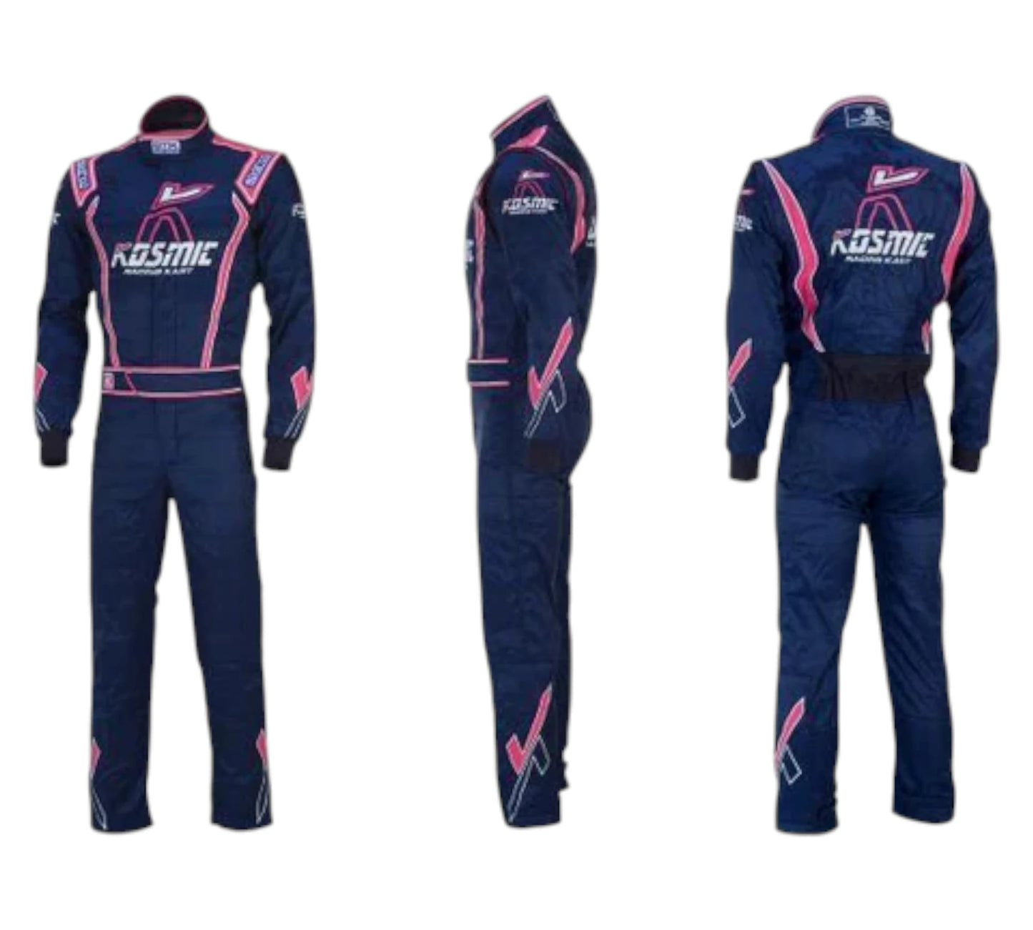 Navy and pink racing suit with 'kosmic' branding on a white background