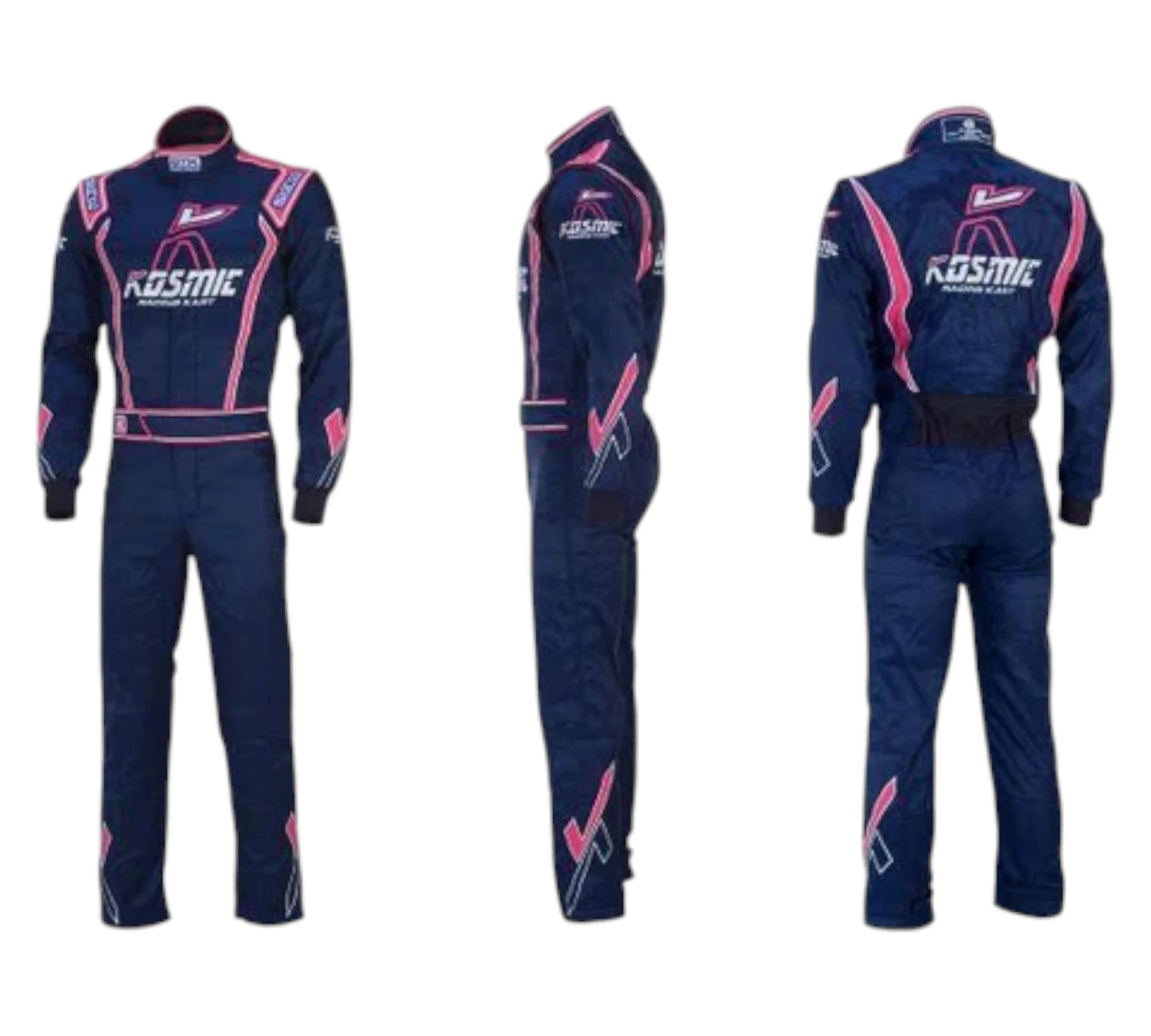Navy and pink racing suit with 'kosmic' branding on a white background