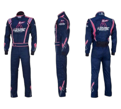 Navy and pink racing suit with 'kosmic' branding on a white background