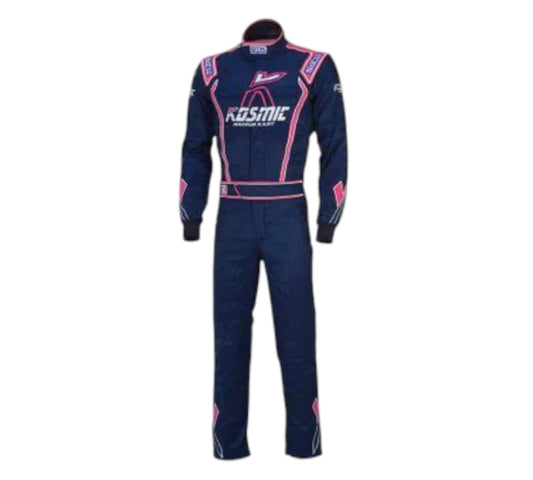 Navy racing suit with pink accents on a white background