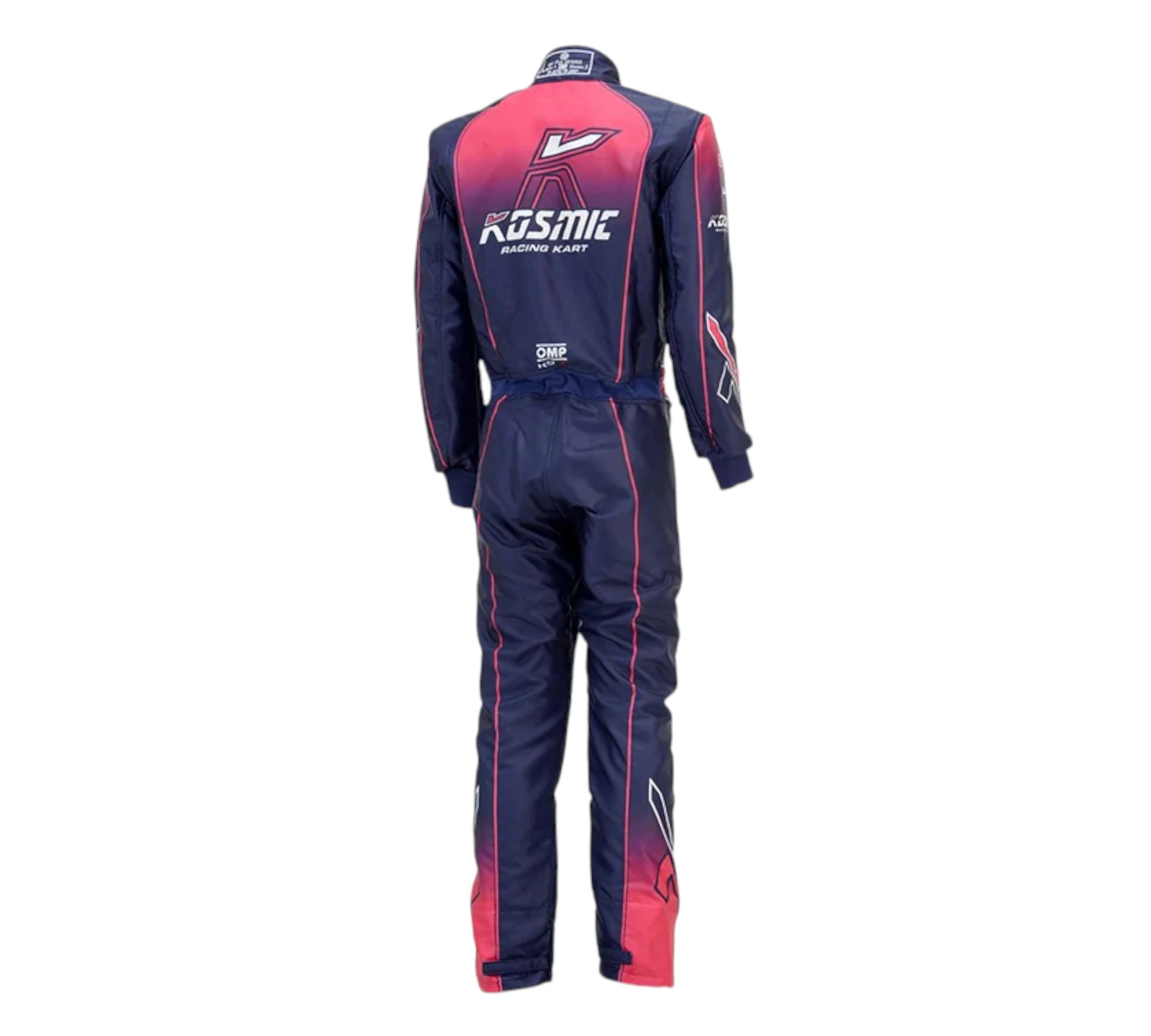 Navy and pink racing suit with Kosmic branding on a white background
