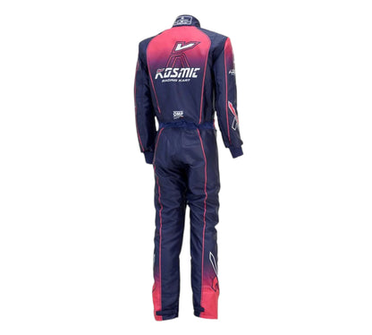 Navy and pink racing suit with Kosmic branding on a white background