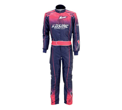 Kosmic racing suit with pink and black design on a white background