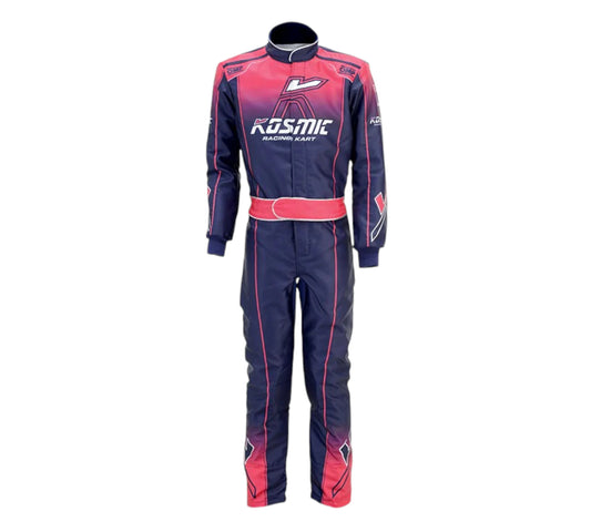 Kosmic racing suit with pink and black design on a white background