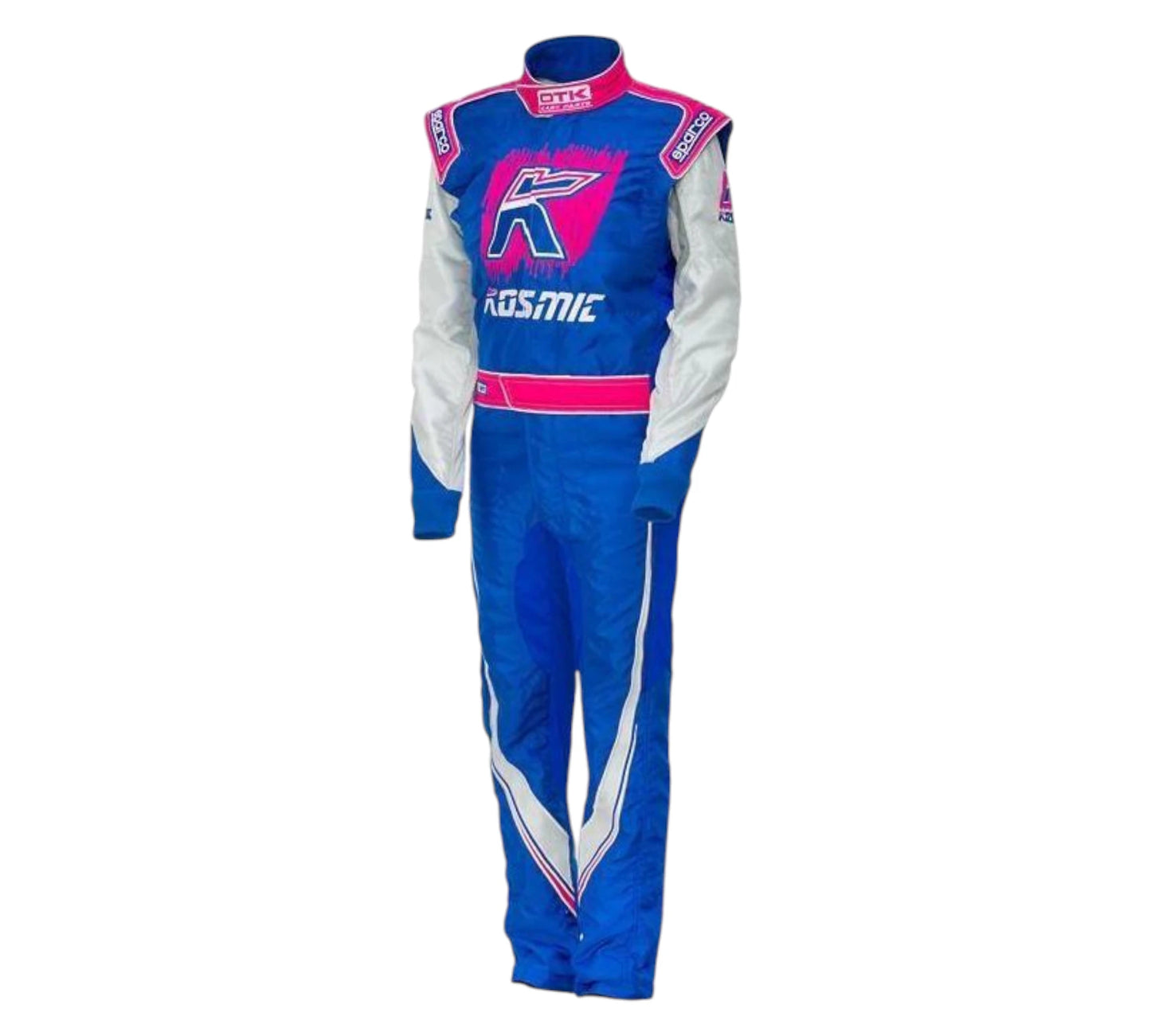 Blue and white racing suit with pink accents on a white background