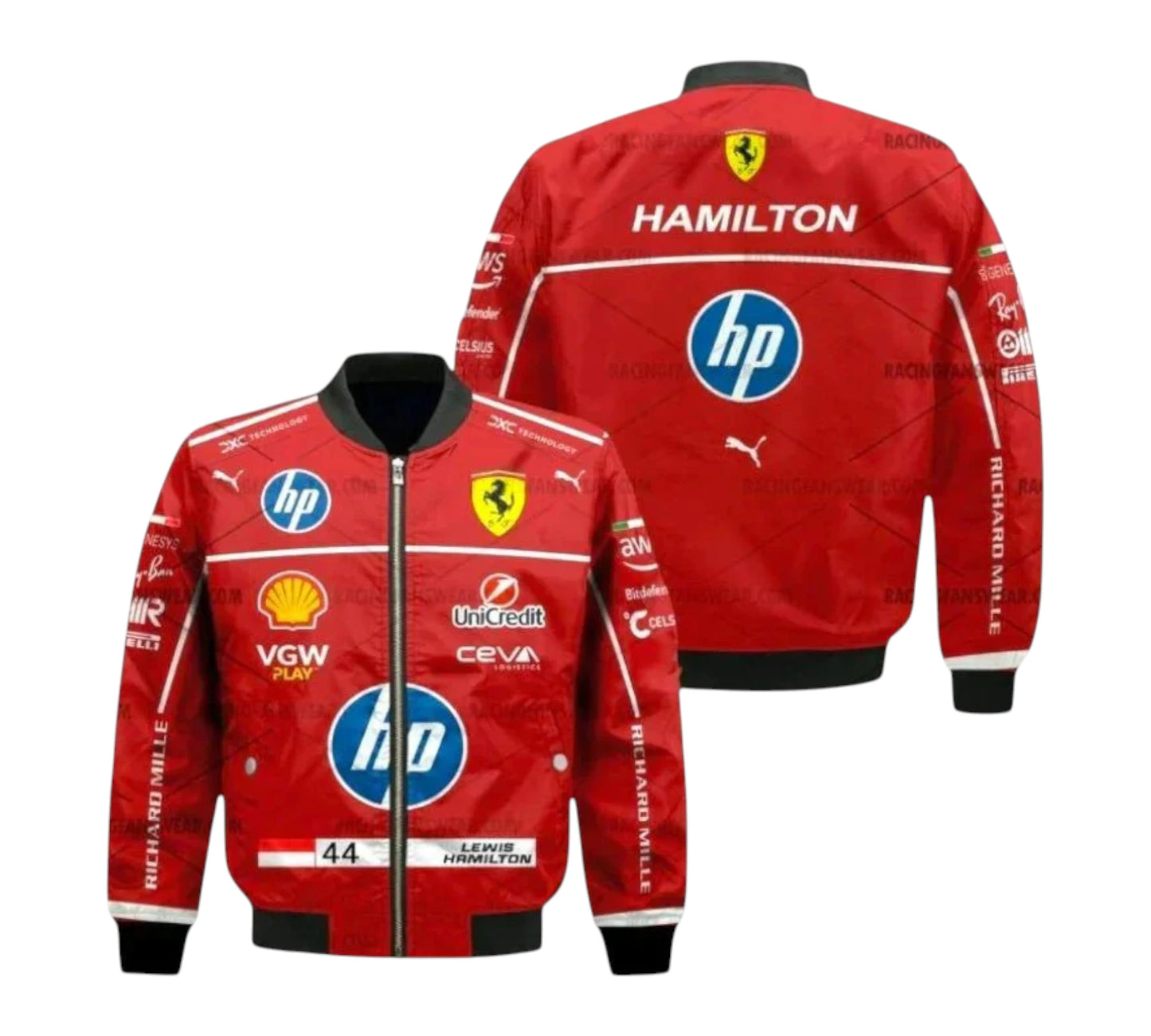 Red racing jacket with various logos on a white background