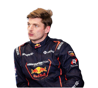 Person wearing a Red Bull racing suit on a white background