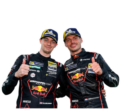 Two Formula 1 drivers in racing suits with visible sponsor logos on a white background