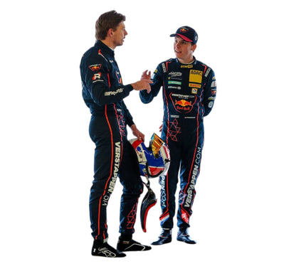Two race car drivers in full racing gear shaking hands with a helmet between them on a white background.