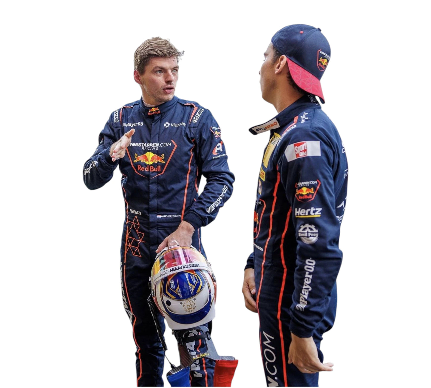 Two Formula 1 drivers in racing suits with visible branding on a white background