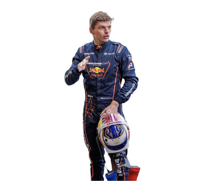 Person in a racing suit holding a helmet on a white background