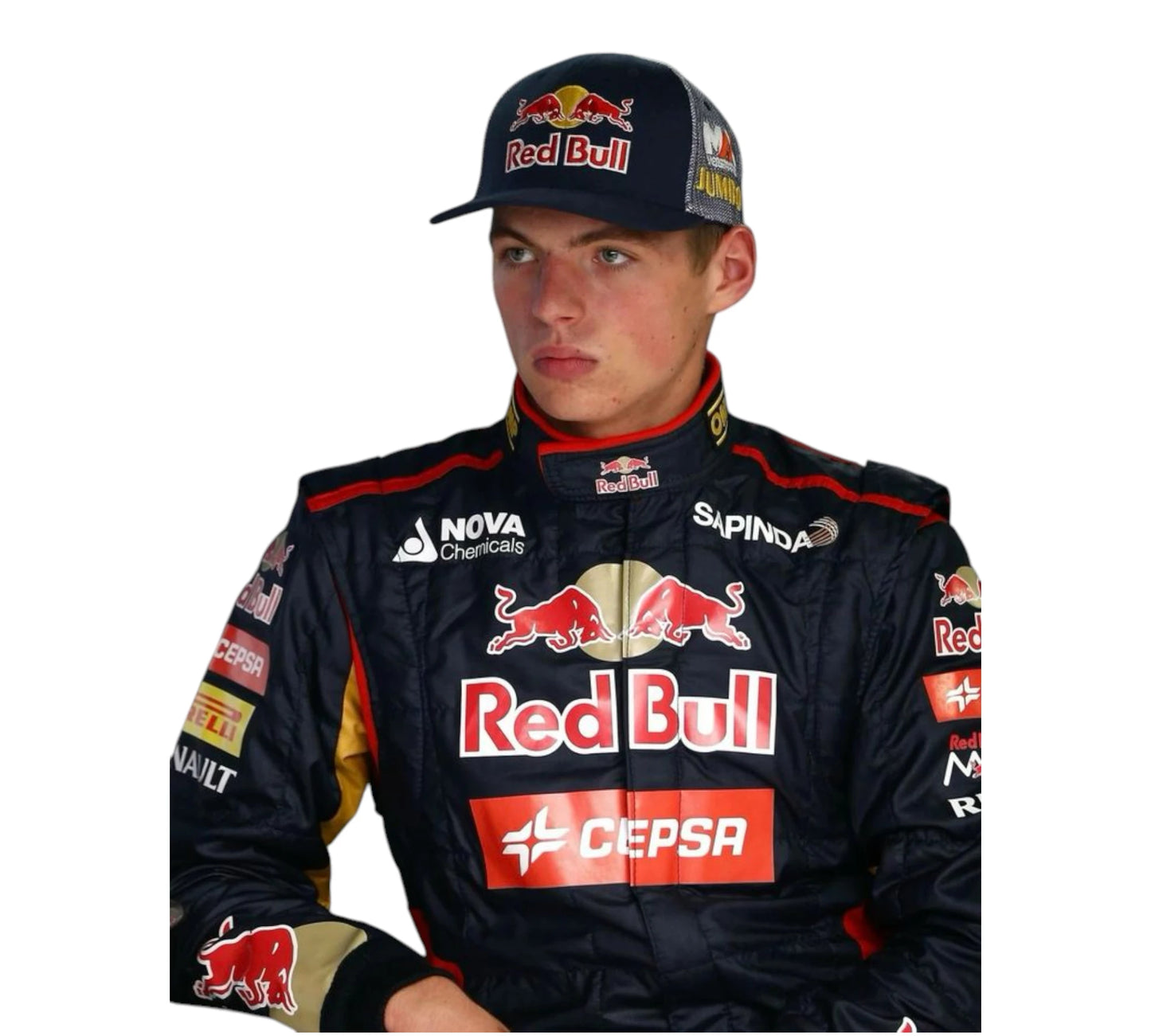 Person wearing a racing suit with Red Bull and other sponsor logos on a white background