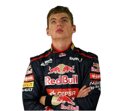 Person wearing a Red Bull racing suit on a white background
