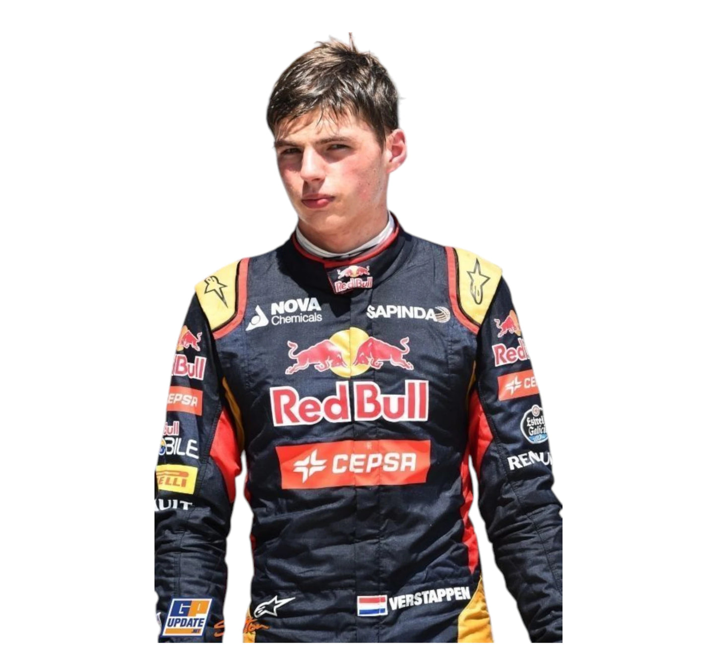 Person wearing a racing suit with Red Bull and other sponsor logos on a white background