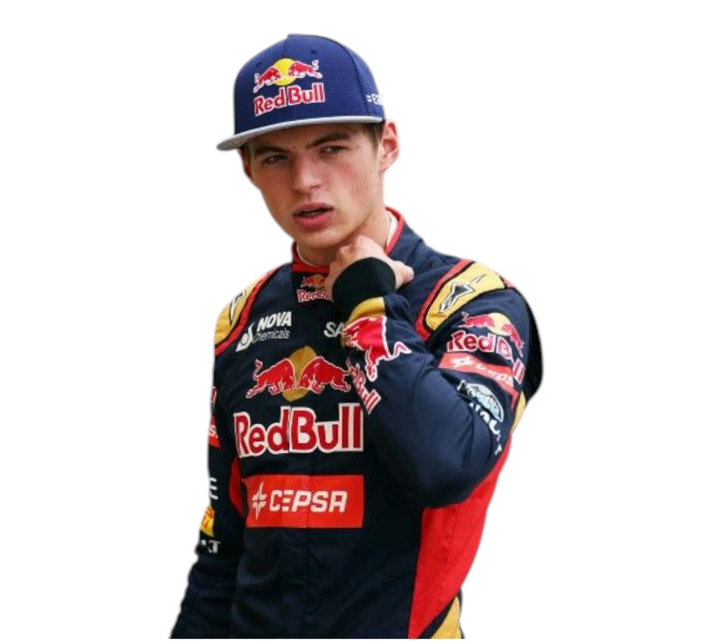 Person wearing a Red Bull racing suit and cap on a white background