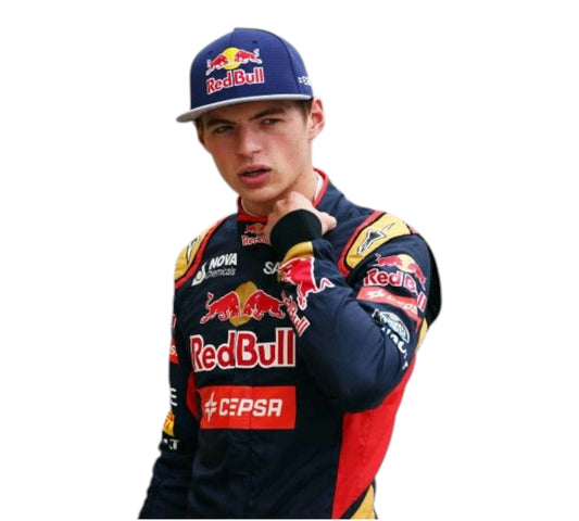 Person wearing a Red Bull racing suit and cap on a white background
