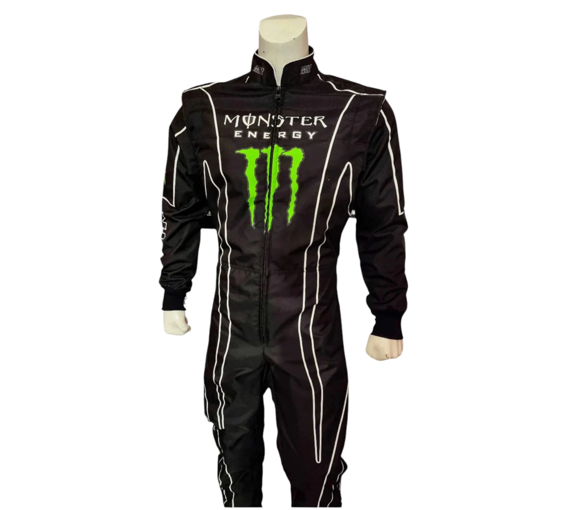 Black racing suit with Monster Energy logo on a white background