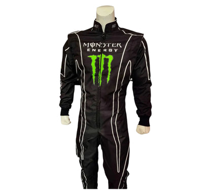 Black racing suit with Monster Energy logo on a white background