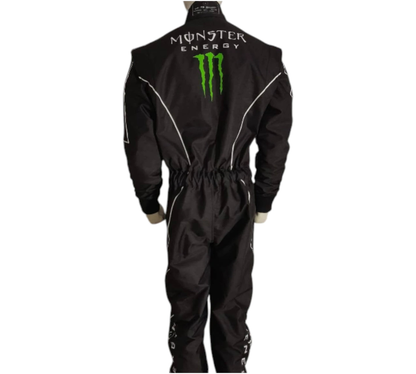Black racing suit with Monster Energy logo on a white background