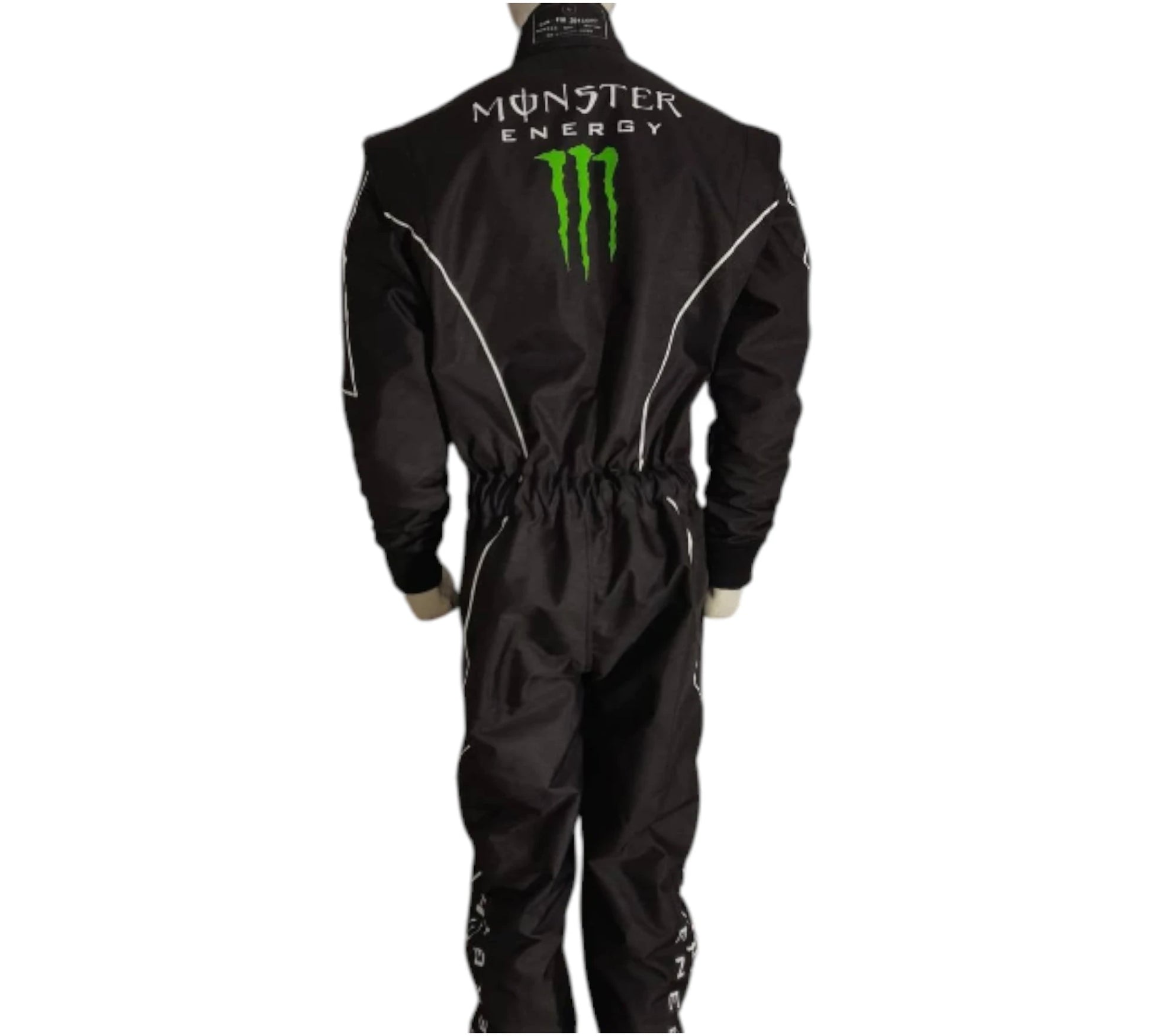 Black racing suit with Monster Energy logo on a white background