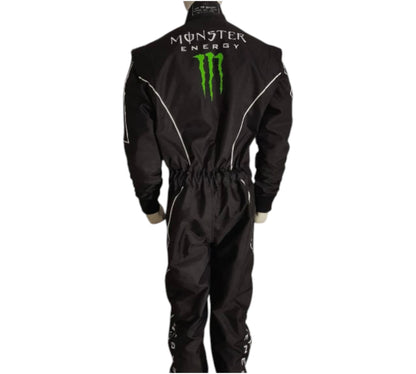 Black racing suit with Monster Energy logo on a white background