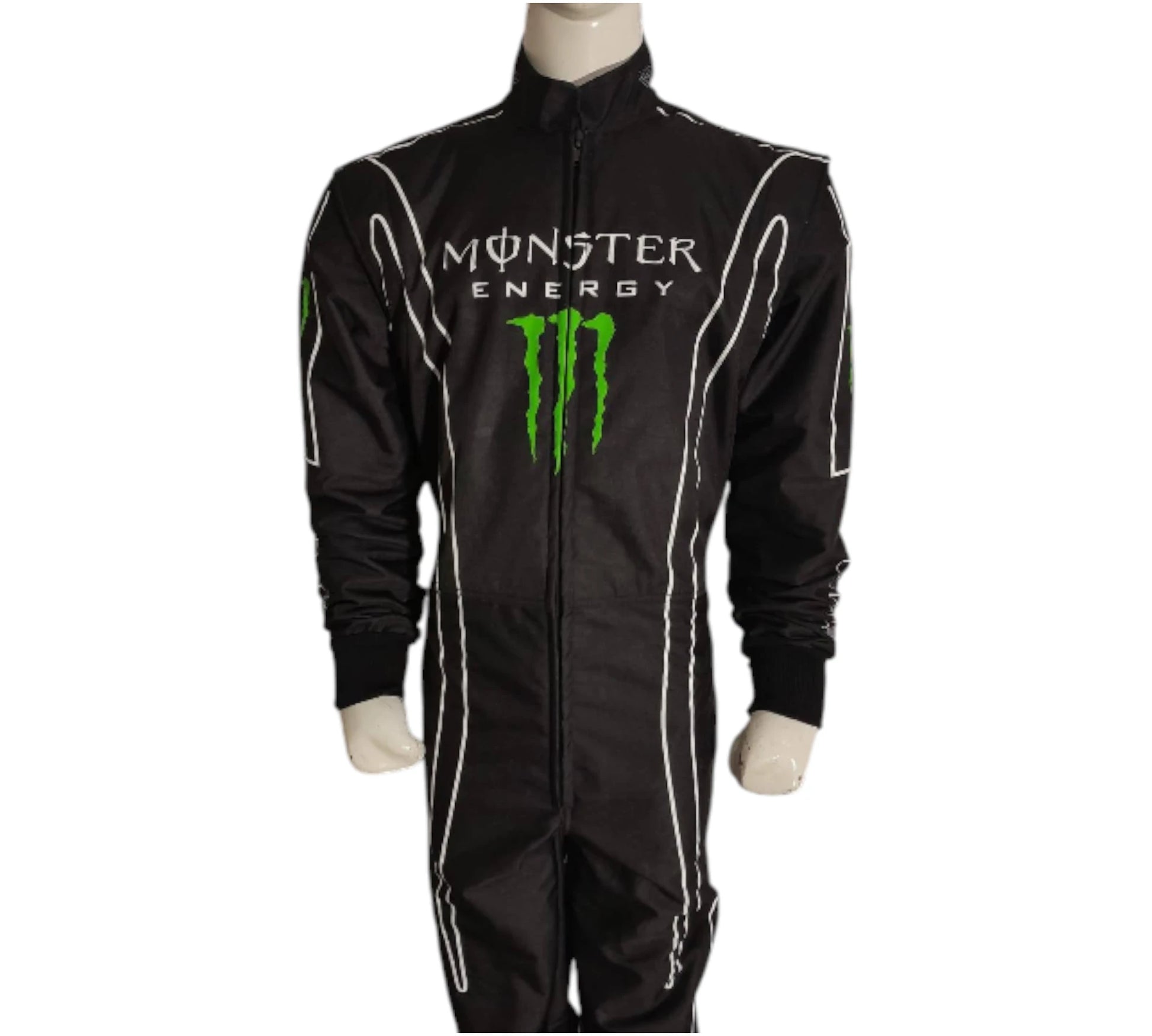 Black racing suit with Monster Energy logo on a white background