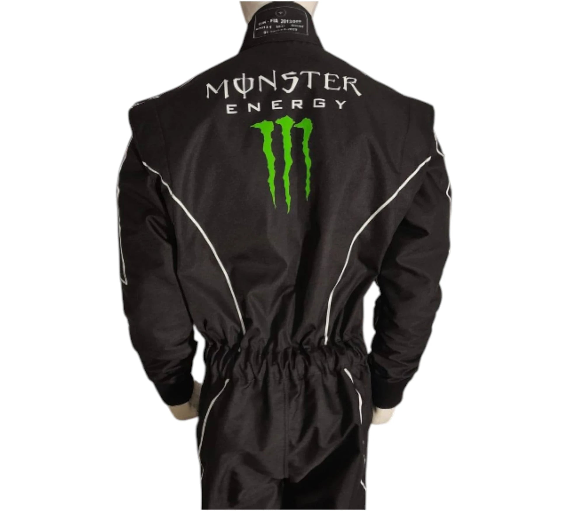 Black racing suit with Monster Energy logo on a white background