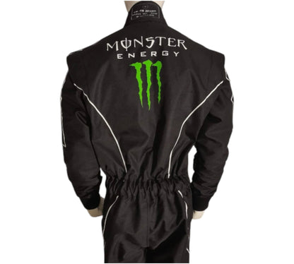 Black racing suit with Monster Energy logo on a white background