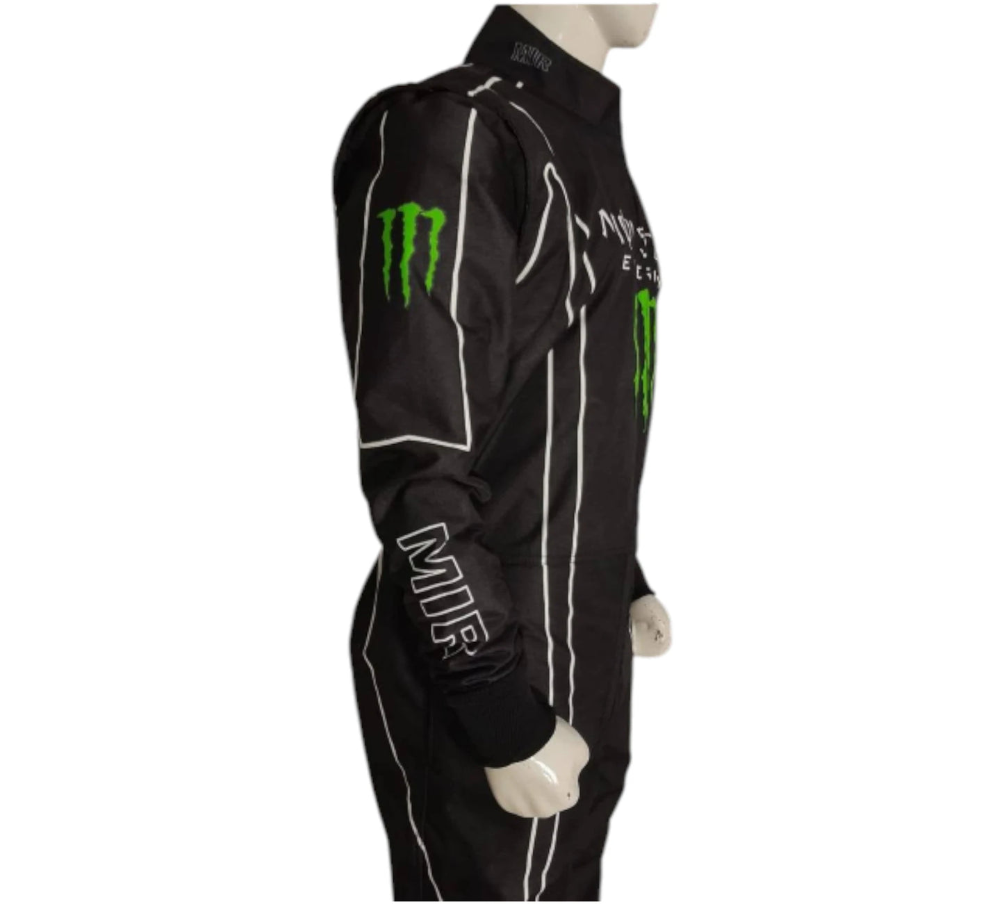 Black racing suit with green and white logos on a mannequin against a white background