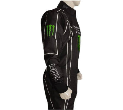 Black racing suit with green and white logos on a mannequin against a white background