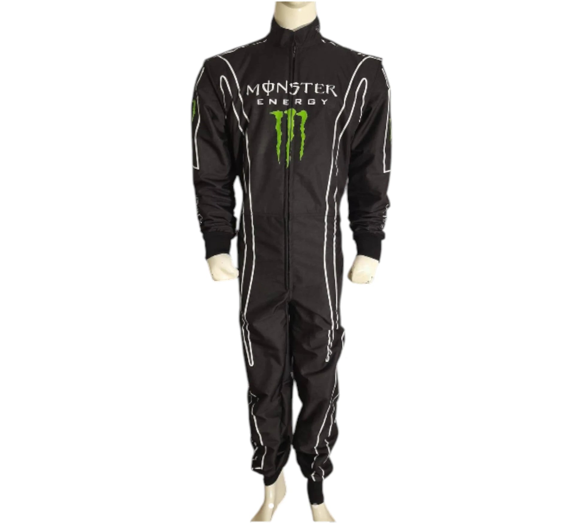 Black racing suit with Monster Energy logo on a white background