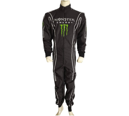 Black racing suit with Monster Energy logo on a white background