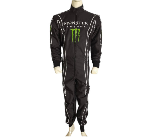 Black racing suit with Monster Energy logo on a white background